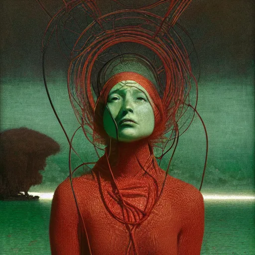 Image similar to portrait, standing in a green lake, woman wrapped around by tubes and cables, nun, glowing red, by edgar maxence and ross tran, zdzisław beksinski, and michael whelan, distant, gustav dore, h. r. giger, 8 k, octane render