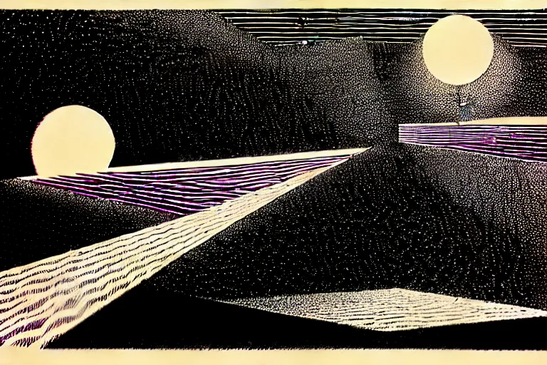 Prompt: surreal view of a parallel universe, very coherent and colorful high contrast, screen printing woodblock, dark shadows, hard lighting, stipple brush technique,