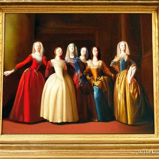 Image similar to fine art, oil on canvas. six women in a vast castle lobby wearing fine clothes, no faces visibles. dark room with light coming through the right side. baroque style 1 6 5 6. high quality realistic recreation of illumination shadows and colors, no distortion on subject faces.