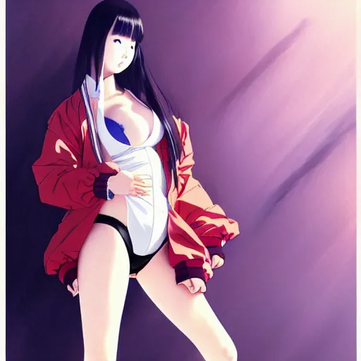 Prompt: a beautiful japanese lalisa alluring gravure model, wearing oversized designer bomber jacket and leotard, bulky poofy bomber jacket with mesoamerican patterns, mesoamerican native street fashion, gapmoe yandere grimdark, trending on pixiv fanbox, painted by greg rutkowski makoto shinkai takashi takeuchi studio ghibli, akihiko yoshida