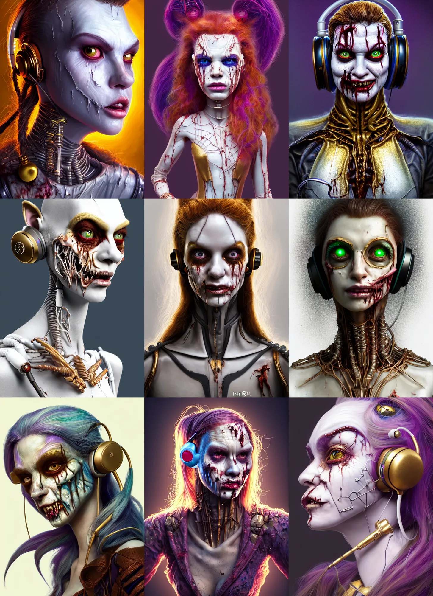 Prompt: disney weta portrait, soft lustrous biotech damaged zombie raver white clowncore marvel cyborg, earbuds, golden ratio, sci - fi, fantasy, cyberpunk, intricate, decadent, highly detailed, digital painting, ever after high, octane render, artstation, concept art, smooth, sharp focus, illustration, art by pixar, artgerm, loish, wlop