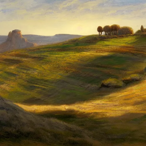 Image similar to concept art : an italian landscape in bright daylight. soft rolling hills in the foreground. in the distance a small mesa of white marble can be seen. a stone henge is standig atop the mesa