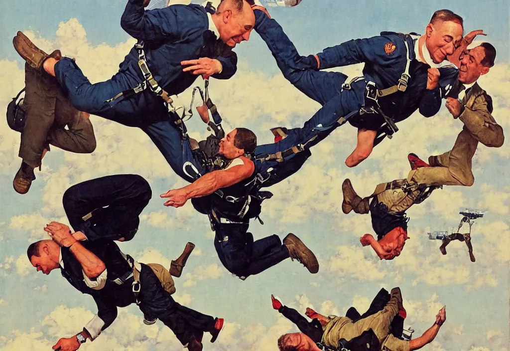 Prompt: benjamin netanyahu skydiving, plane and parachute in background, by norman rockwell, highly detailed