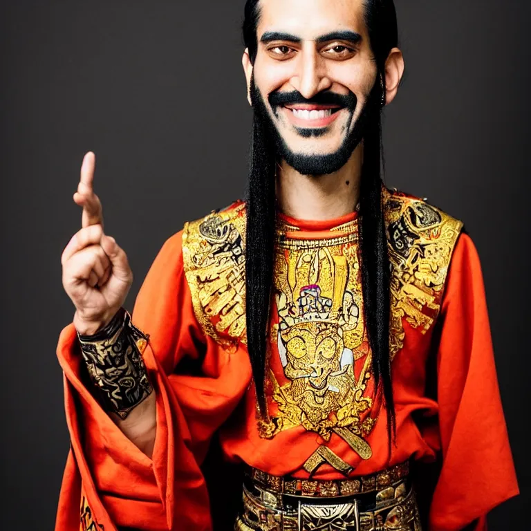 Prompt: A photo of Emperor Kuzco!!!!!!!!!!!!!!!! in his early 20s, with his long black hair, facial hair shaved, smiling with confidence, and wearing!!! his emperor clothes. Portrait by Terry Richardson. Golden hour. 8K. UHD. Bokeh.