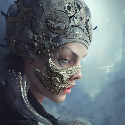 Image similar to Very very very very highly detailed epic central composition studio photography of face with venetian mask, intricate, dystopian, sci-fi, extremely detailed, digital painting, artstation, concept art, smooth, sharp focus, illustration, intimidating lighting, incredible art by Anna Dittmann and Jesper Ejsing and Anton Pieck