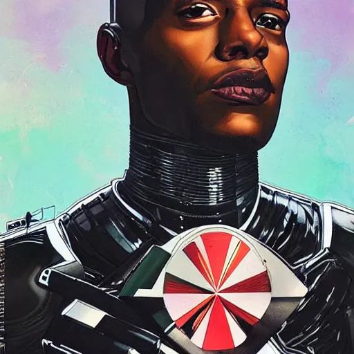 Prompt: portrait of a black male android, by MARVEL comics and Sandra Chevrier