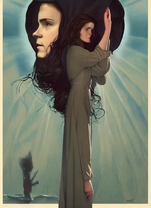 Image similar to poster artwork by Michael Whelan and Tomer Hanuka, Karol Bak of Emma Watson nun, repressing her feelings for her secret love from scene from Twin Peaks, clean