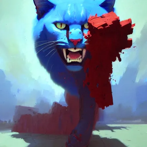 Prompt: big blue cat with red sable. turqoise background. painting by eddie mendoza, greg rutkowski