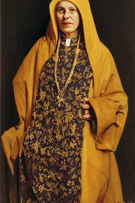 Image similar to portrait, vampire nun, opulent gold embroidered habit, studio lighting, art jacek malczewski