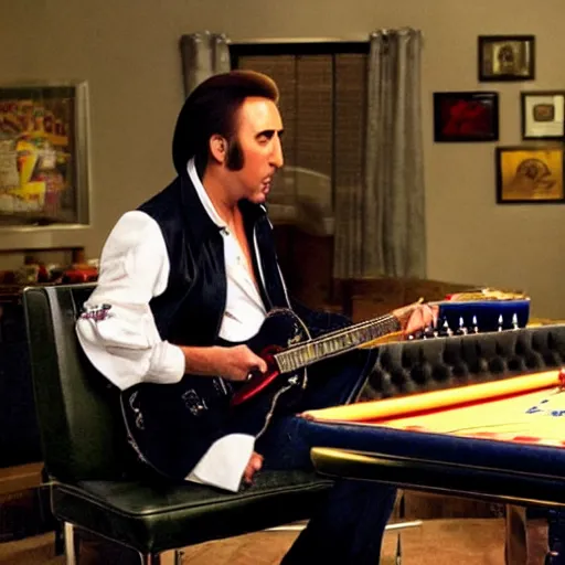 Image similar to nicolas cage as elvis presley playing the guitar over a poker table