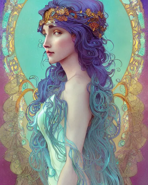 Image similar to an ethereal goddess with turquoise hair | highly detailed | very intricate | art nouveau | gold filigree | romantic storybook fantasy | soft cinematic lighting | award - winning | disney concept art watercolor illustration by mandy jurgens and alphonse mucha and alena aenami | pastel color palette | featured on artstation