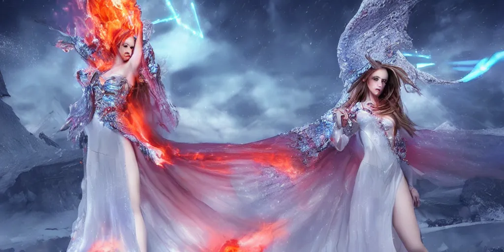 Image similar to extraordinary sensual fairytale princess dress made of fire and ice, snow, crystals, fusion, eruption, particles, 3d model, epic scene unreal render depth of focus blur hyper realistic detail Star Wars, fantasy art behance