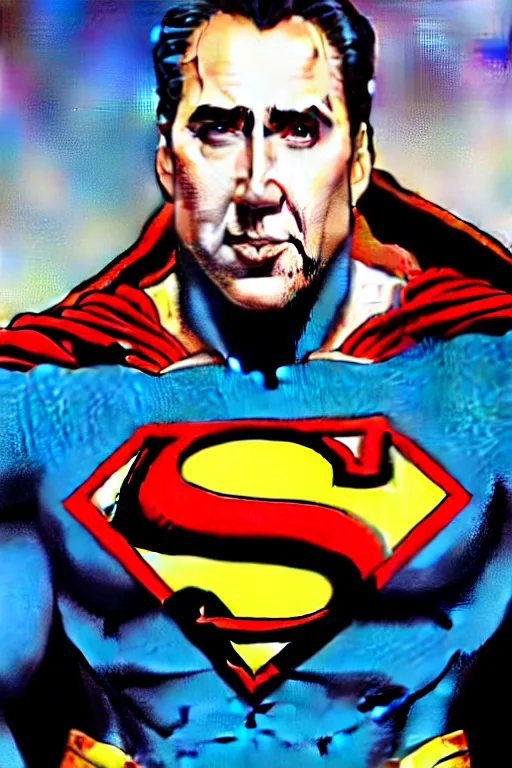 Prompt: nicholas cage as superman, art by artgerm and greg rutkowski and alphonse mucha