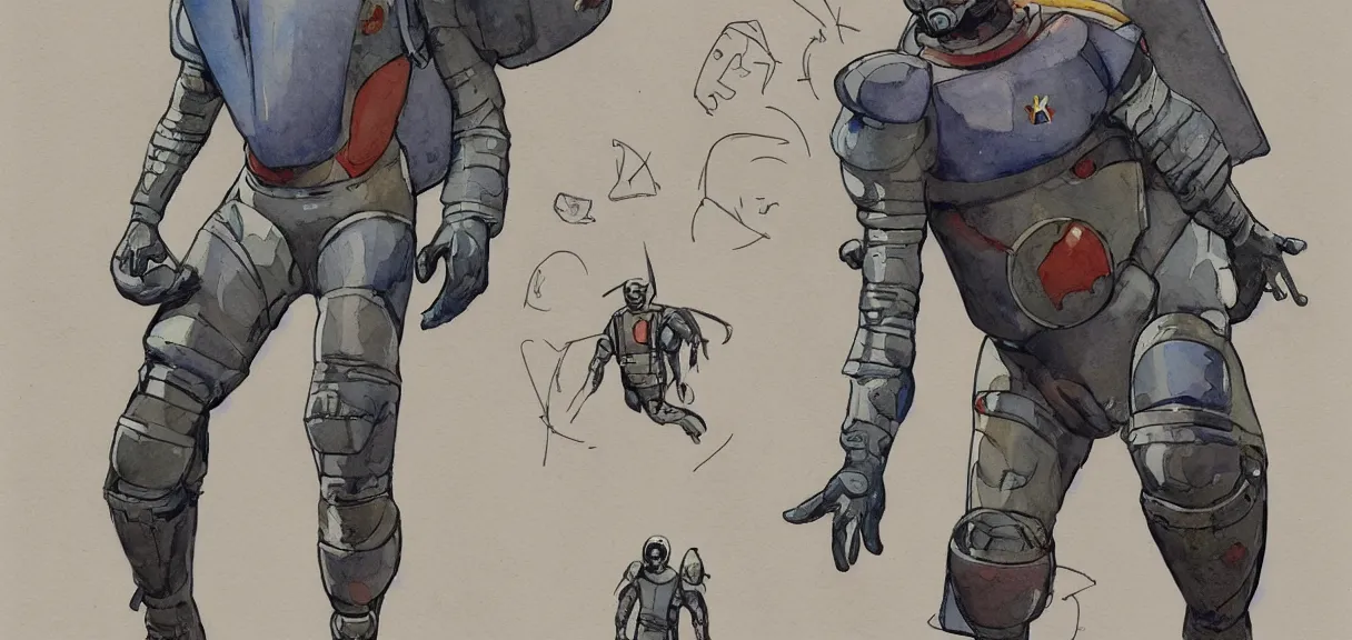 Image similar to male, full body, space suit with a modern helmet, large shoulders, short torso, long thin legs, tiny feet, watercolor wash, character sheet, science fiction, very stylized character design, digital painting, by mike mignola, by alex maleev, jean giraud, painted by leyendecker