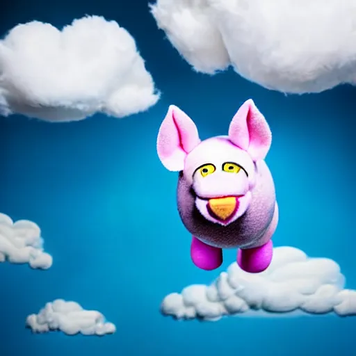 Prompt: studio photograph of a flying pig with unicorn horn depicted as a muppet in a blue sky with cotton ball clouds