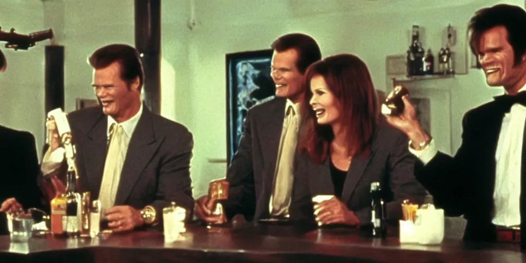 Image similar to still frame of Geena Davis, Roger Moore and Jim Carrey in Pulp Fiction laughing hysterically in a dark bar over a tiny gun