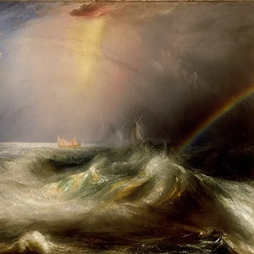 Prompt: giant rainbow - colored thrashing about in a stormy ocean, by jmw turner