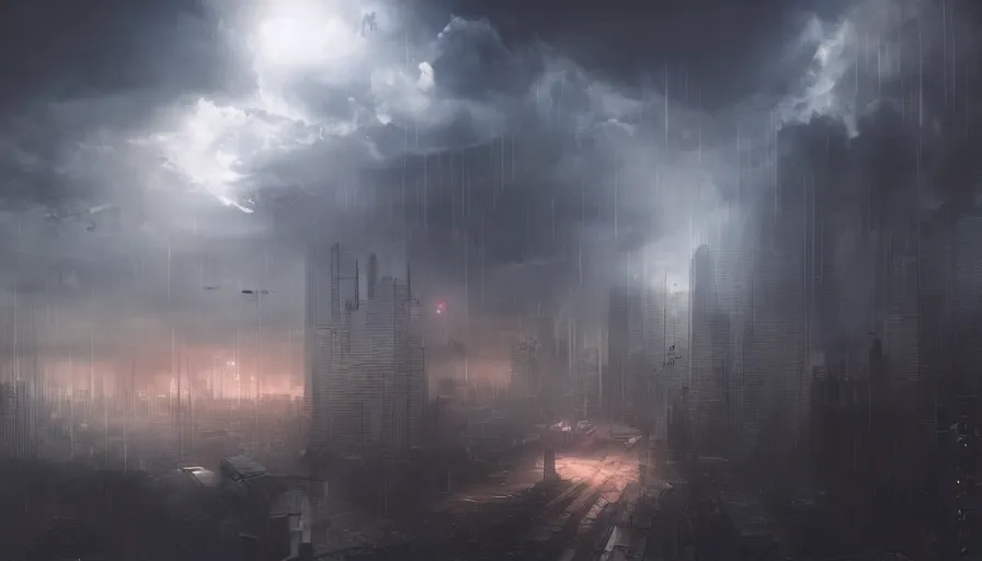Image similar to man in sky falling through clouds over a dark cyberpunk city, digital art, volumetric lighting, dystopia, artstation, concept art, painting