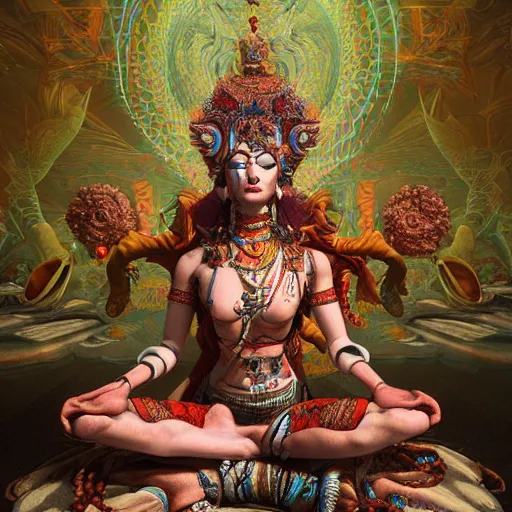 Image similar to kali goddess gadgetpunk warrior meditating in a beautiful place, perfect faces, fine details, studio lighting, subtle shadows, art by katsuya terada, photorealism, hyper realism, octane render