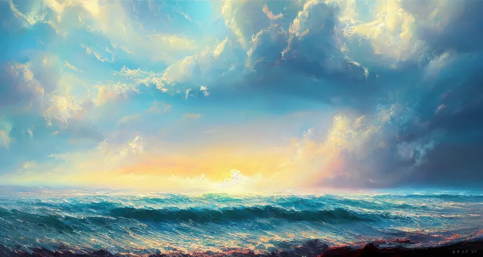 Prompt: beautiful oil painted serene ocean with flowy clouds dreamy fantasy painted by Halil Ural trending on artstation