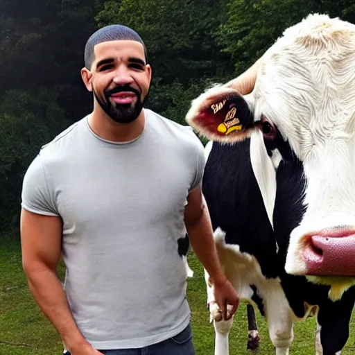 Image similar to a photo of drake, standing with a cow