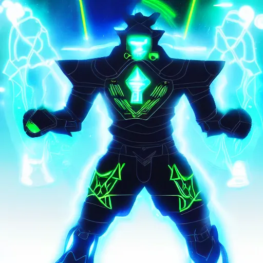 Prompt: Ganondorf in the style of Tron Legacy with glowing neon battle armor, wielding a lage neon fantasy greatsword, tron style city in the background, digital art