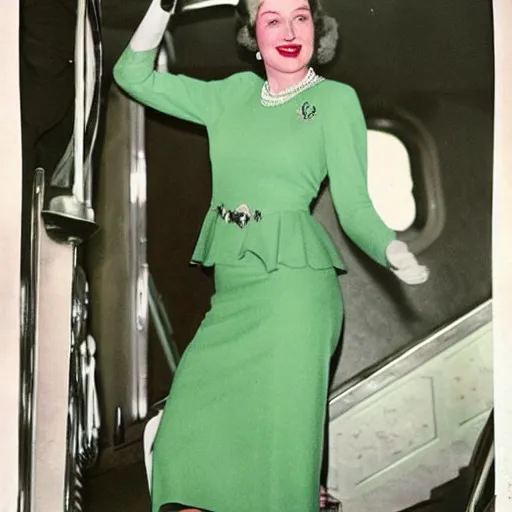 Image similar to a medium full shot, vintage historical fantasy 1 9 3 0 s kodachrome slide german and eastern european mix of a photographic portrait of the queen attending a royal tour. she is shown descending a staircase from a luxurious plane, waving to the crowd below. she is donning a pencil skirt and peplum jacket in a green skirt suit.