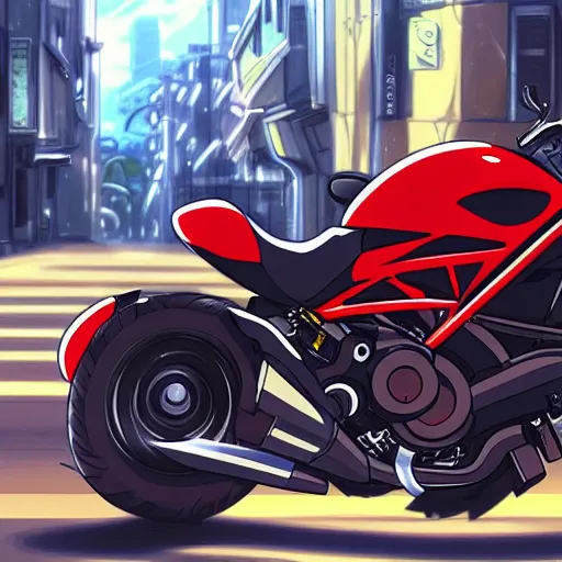 Image similar to anime art vehicle concept art, anime key visual of ducati diavel, at a city street, trending on pixiv fanbox, studio ghibli, extremely high quality artwork