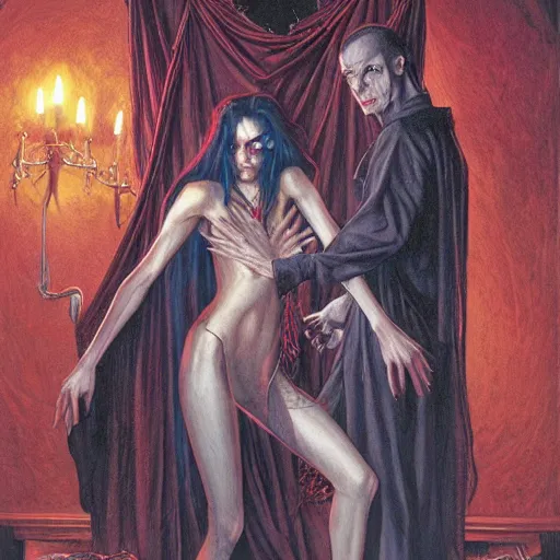 Image similar to vampire roommate, by gerald brom, donato giancola, and berthold woltze.