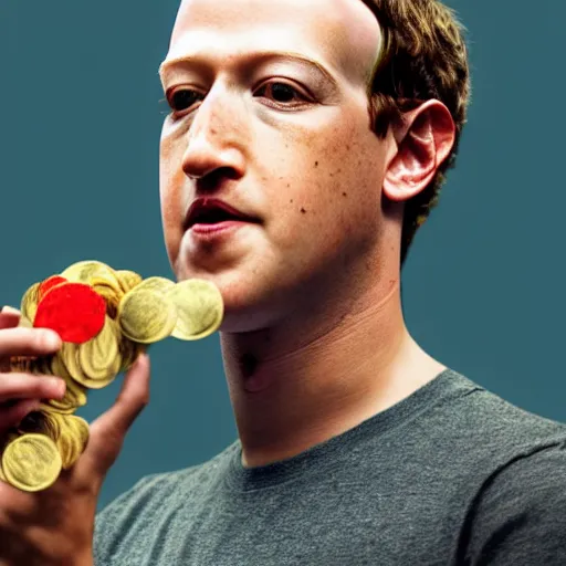 Prompt: a closeup photorealistic photograph of mark zuckerberg eating from a bowl of money. film still, vibrant colors. this 4 k hd image is trending on artstation, featured on behance, well - rendered, extra crisp, features intricate detail, epic composition and the style of unreal engine.