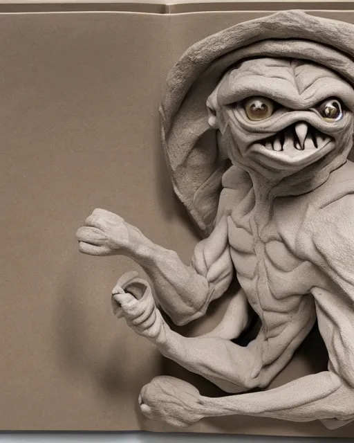 Prompt: 'a textbook page with a picture of a clay sculpture of a goblin' clay sculpture, photograph, zoomed out, trending on tumblr, textbook pages