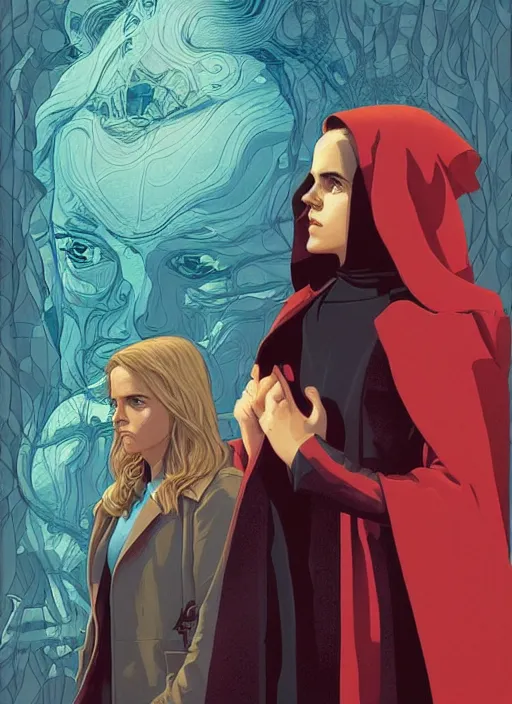 Prompt: poster artwork by Michael Whelan and Tomer Hanuka, Karol Bak of Emma Watson nun, realizing she has feelings for scientist Kiernan Shipka, from scene from Twin Peaks, clean