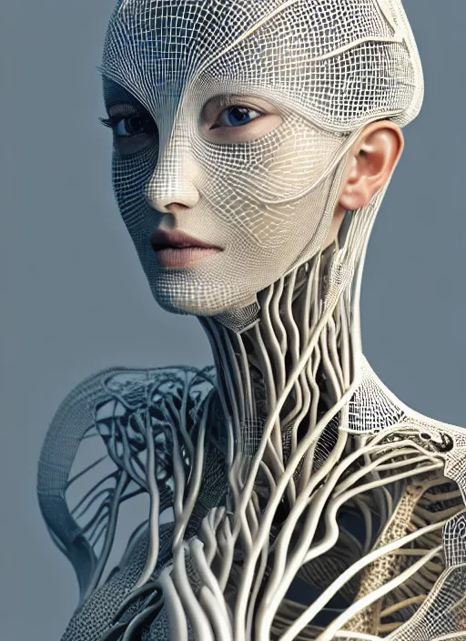 Image similar to complex 3d render ultra detailed of a beautiful porcelain profile woman face, mechanical cyborg, 150 mm, beautiful natural soft light, rim light, silver gold details, ghost orchid big leaves and stems, roots, fine foliage lace, maze like, mesh wire, white metal neocubism armor, intricate details, hyperrealistic, ultra detailed, mandelbrot fractal, anatomical, red lips, facial muscles, cable wires, microchip, elegant, octane render, H.R. Giger style, 8k