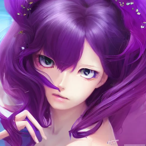 Image similar to An anime portrait of cute cat girl with long purple hair by Stanley Artgerm Lau, WLOP, Rossdraws, James Jean, Andrei Riabovitchev, Marc Simonetti, and Sakimichan, tranding on artstation