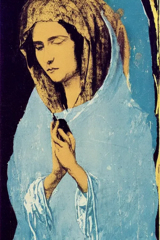 Image similar to virgin mary of lourdes painted by cy twombly and andy warhol