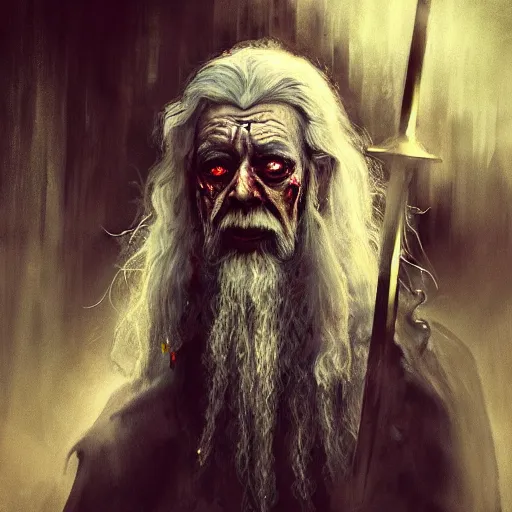 Prompt: a zombie Gandalf, by WLOP, horror, wounds, bloody, dark fantasy, trending on artstation