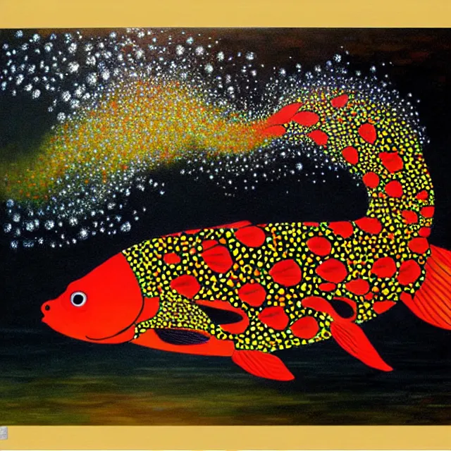 Prompt: a beautiful painting carp swim in the fire, by kusama miyama realistic oil painting