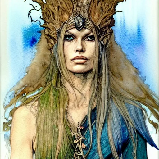 Image similar to a realistic and atmospheric watercolour fantasy character concept art portrait of brigitte bardot as a druidic warrior wizard looking at the camera with an intelligent gaze by rebecca guay, michael kaluta, charles vess and jean moebius giraud