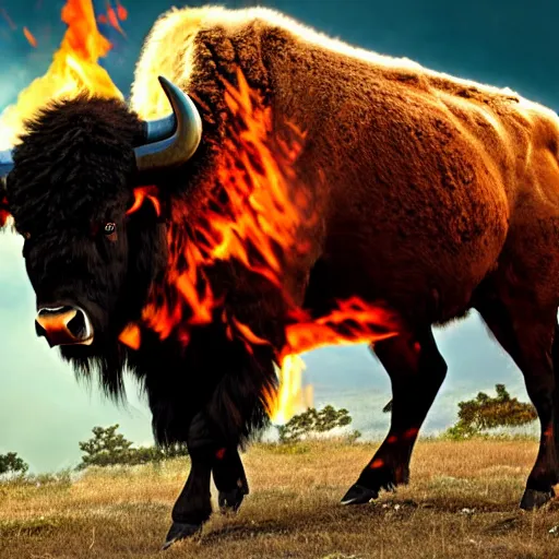 Image similar to A large black bison with fiery eyes, Bison God, Ancient