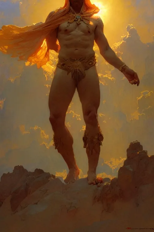 Image similar to god of sun, male character design, painting by gaston bussiere, craig mullins, greg rutkowski, alphonse mucha, trending on artstation