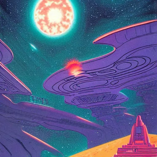 Image similar to a beautiful painting of a large alien shrine shrouded by mystic nebula magic in an asteroid field by hiroshi nagai and vincent di fate and moebius, detailed line art