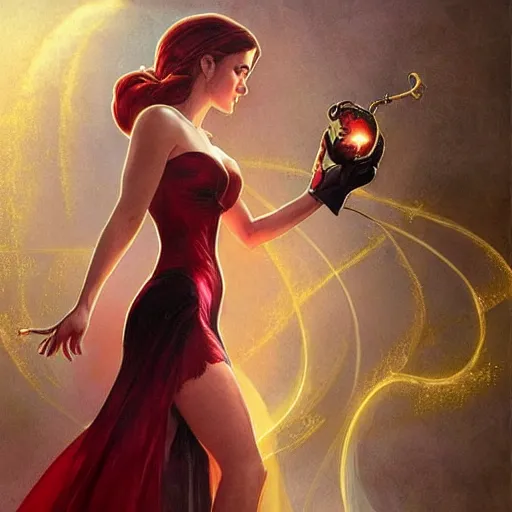 Image similar to emma watson dressed as jessica rabbit holding a glowing one hand and a wand in the other, fantasy, intricate, elegant, highly detailed, digital painting, artstation, concept art, matte, sharp focus, illustration, in the style of magic the gathering, art by artgerm and greg rutkowski and alphonse mucha