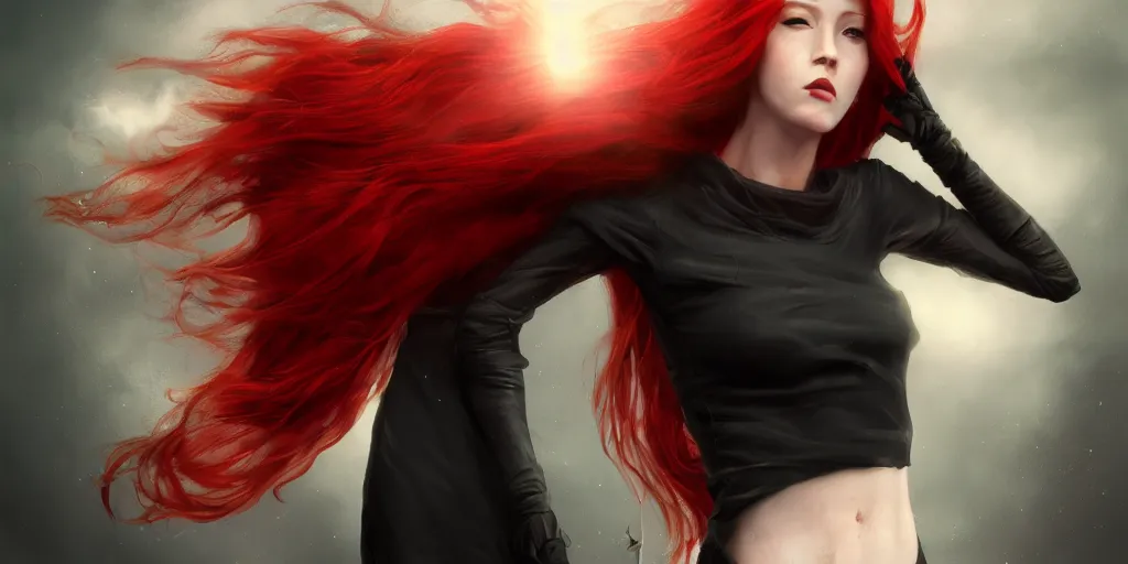 Prompt: red haired female in a black dress flying through the sky, realistic character concept, medium shot, fun pose, comic book, illustration, slender symmetrical face and body, artstation, cinematic lighting, hyperdetailed, cgsociety, 8k, high resolution, Charlie Bowater, Tom Bagshaw, single face, insanely detailed and intricate, beautiful, vfx, postprocessing