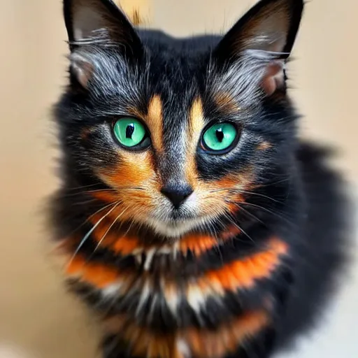 Prompt: cute little long haired tortoiseshell!!!! cat, black and with ((orange)) specks