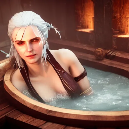 Image similar to Concept art of Ciri from the Witcher 3 in wooden bath, 8k, uhd