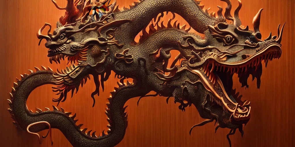 Image similar to a Chinese dragon art by Daniel Dos Santos, Beksinski, Giger, intricate colourfully painted carved wood paneling, lighting, ivory and copper , artstation