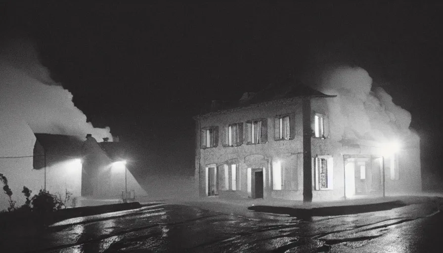 Image similar to 1 9 7 0 s movie still of a heavy burning french style stonehouse in a small southern french village by night rain fog, cinestill 8 0 0 t 3 5 mm, heavy grain, high quality, high detail, dramatic light, anamorphic, flares