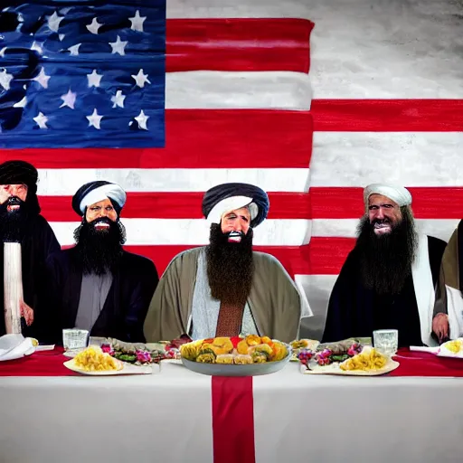 Prompt: 4 k hdr portrait wide angle photo of president joe biden as a taliban muslim leader with a beard laughing at a dinner table meeting surrounded by taliban terrorist leaders who are dancing with oil barrels in the background