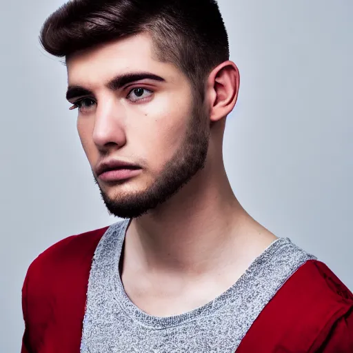 Prompt: a closeup photo of a male model with modern medieval haircut, 4 k, studio lighting, wide angle lens