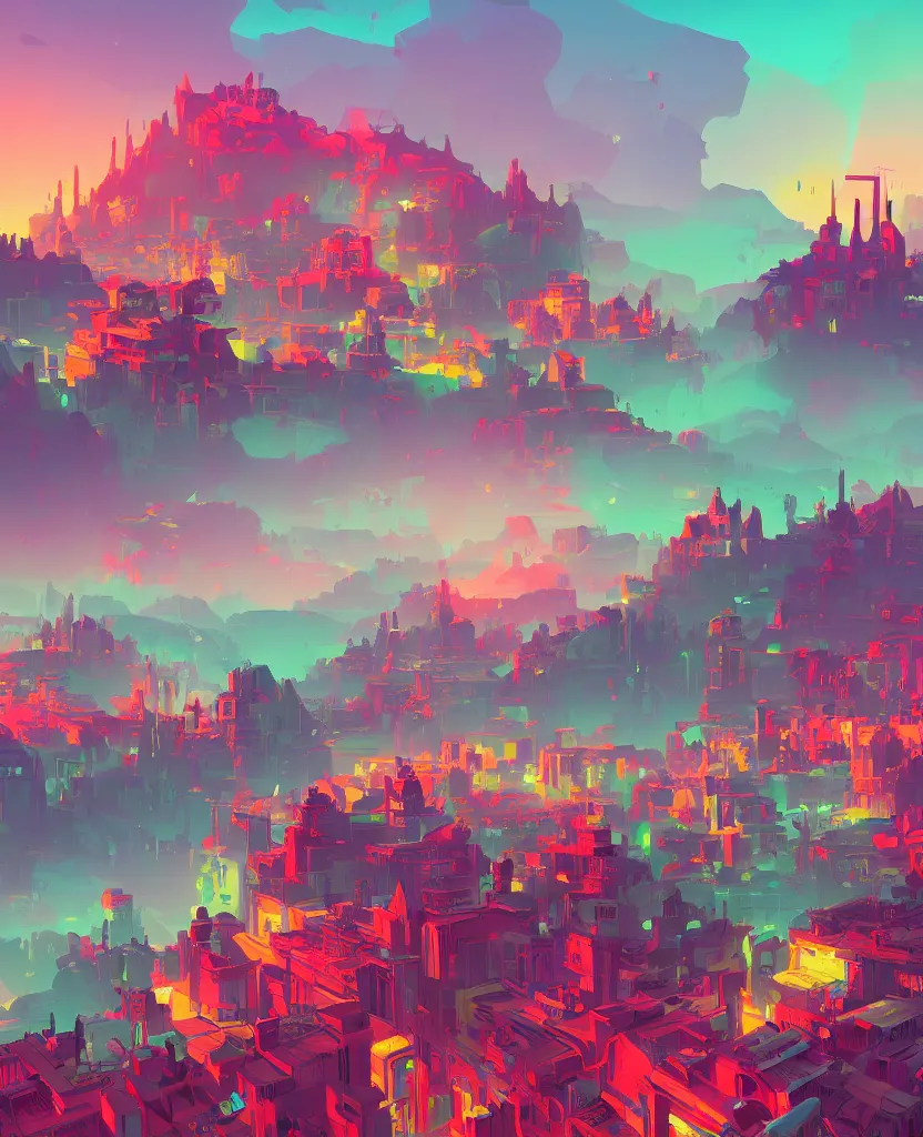 Image similar to detailed concept art of a DMT city in a fantastic landscape against a colorful sky by Anton Fadeev and Simon Stålenhag